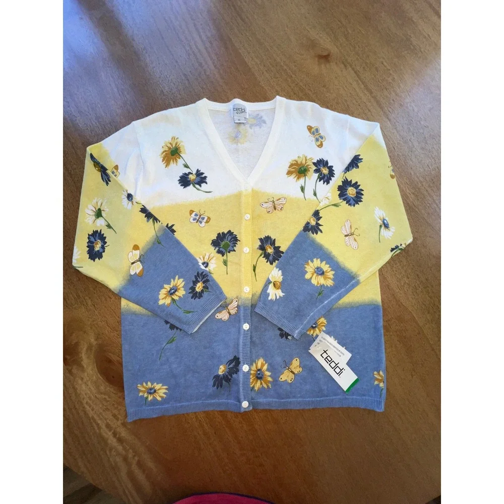 Teddi Vintage Floral Butterfly Cardigan Sweater‎ XL Blue Yellow White Cotton